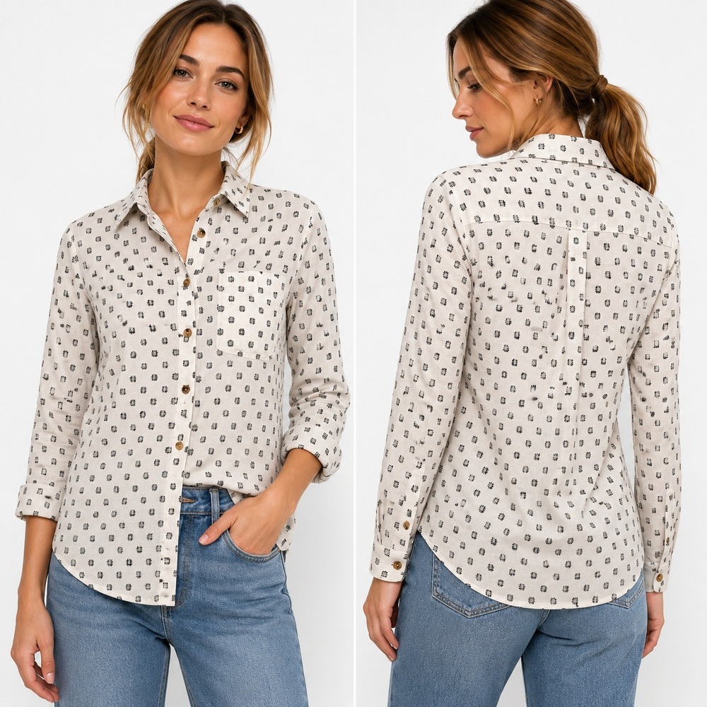 Duluth Trading Co Button Down Women XS Cream Good Hemp Organic Cotton Dot Print‎